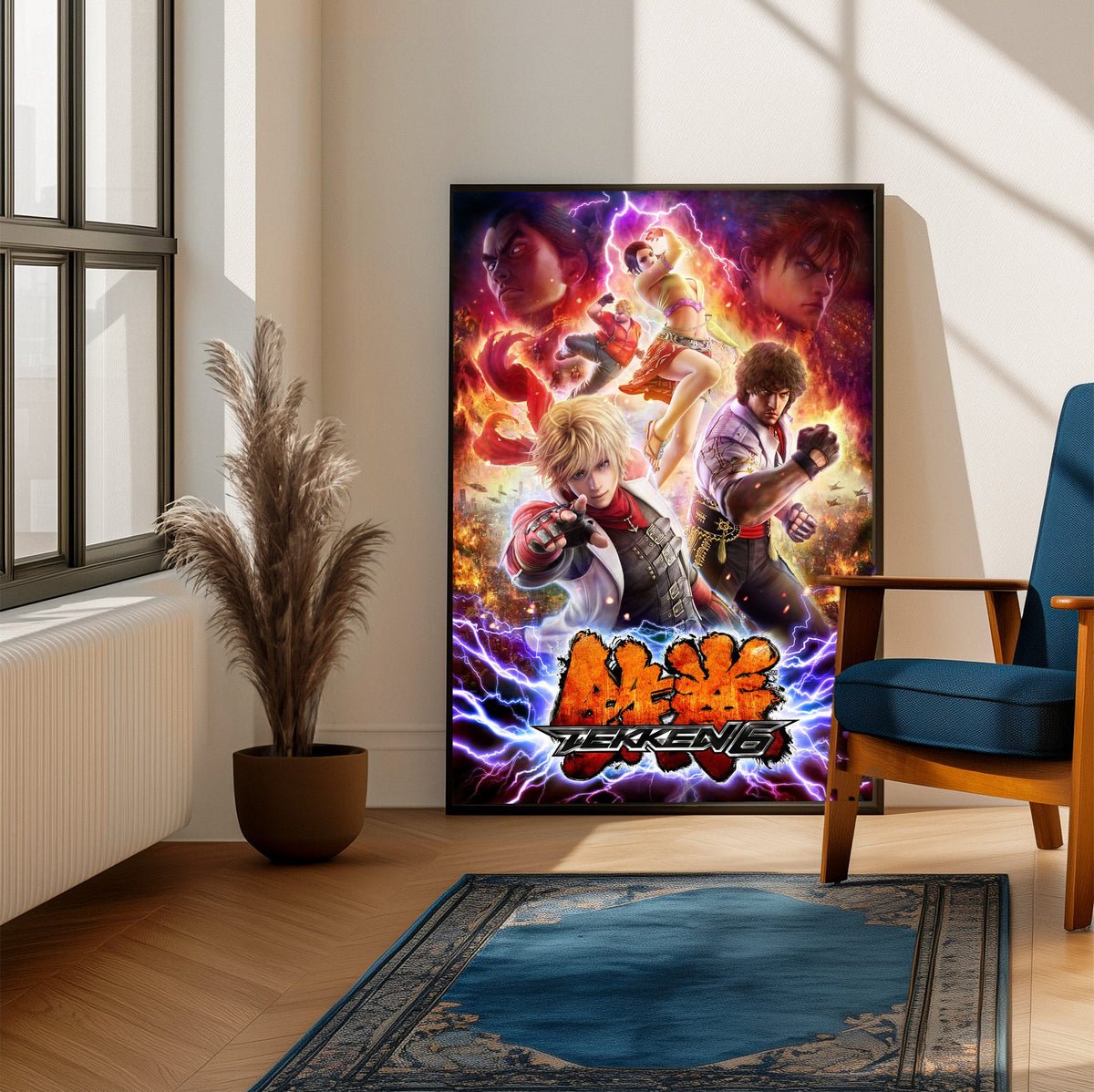 Tekken 6 Promo Art Print 1 poster framed beside a blue armchair in a sunlit room