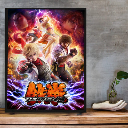 Tekken 6 Promo Art Print 1 poster in a black frame on a wooden shelf against concrete