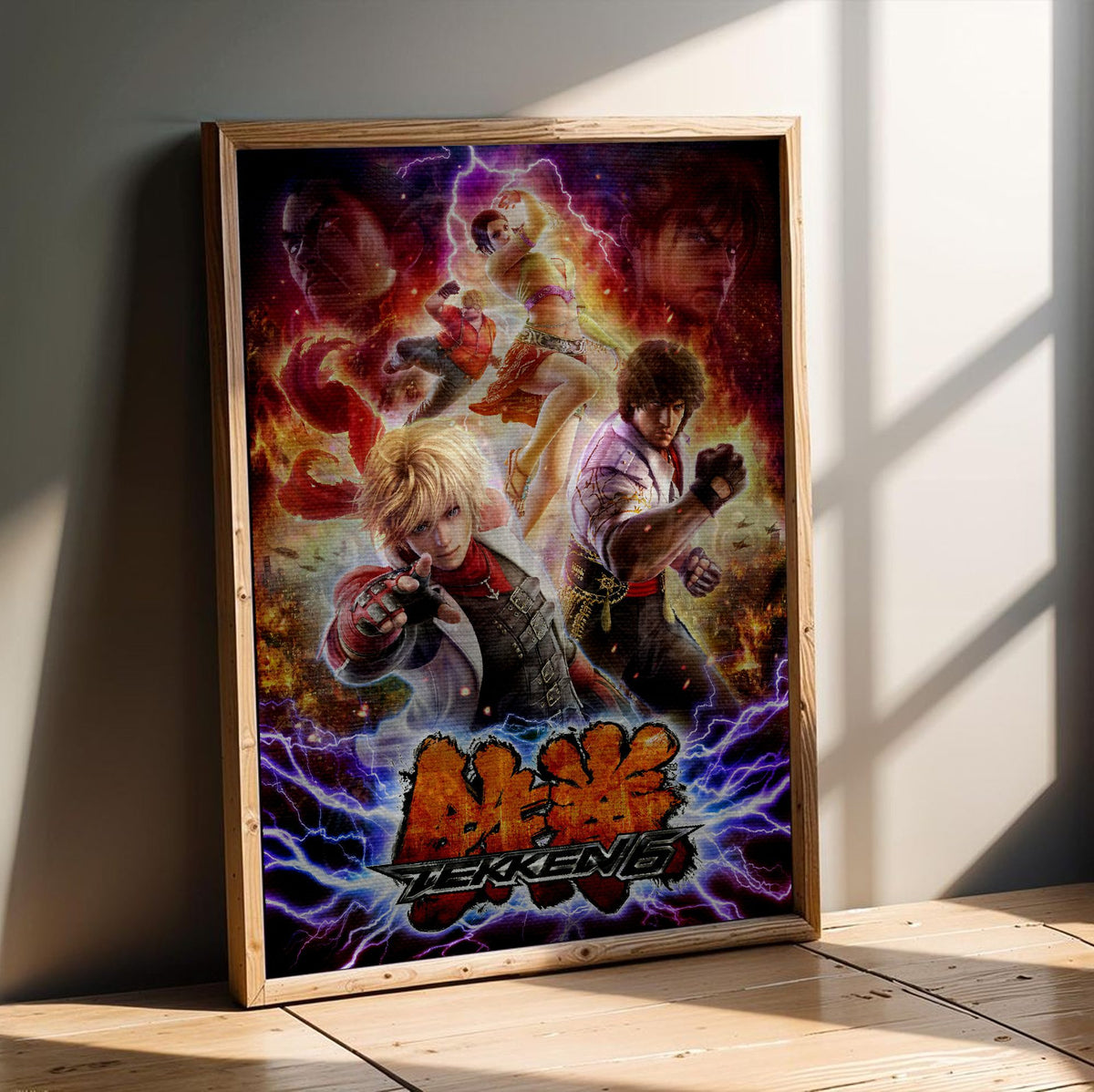 Tekken 6 Promo Art Print 1 poster in an oak frame leaning on a wooden floor