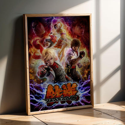 Tekken 6 Promo Art Print 1 poster in an oak frame leaning on a wooden floor