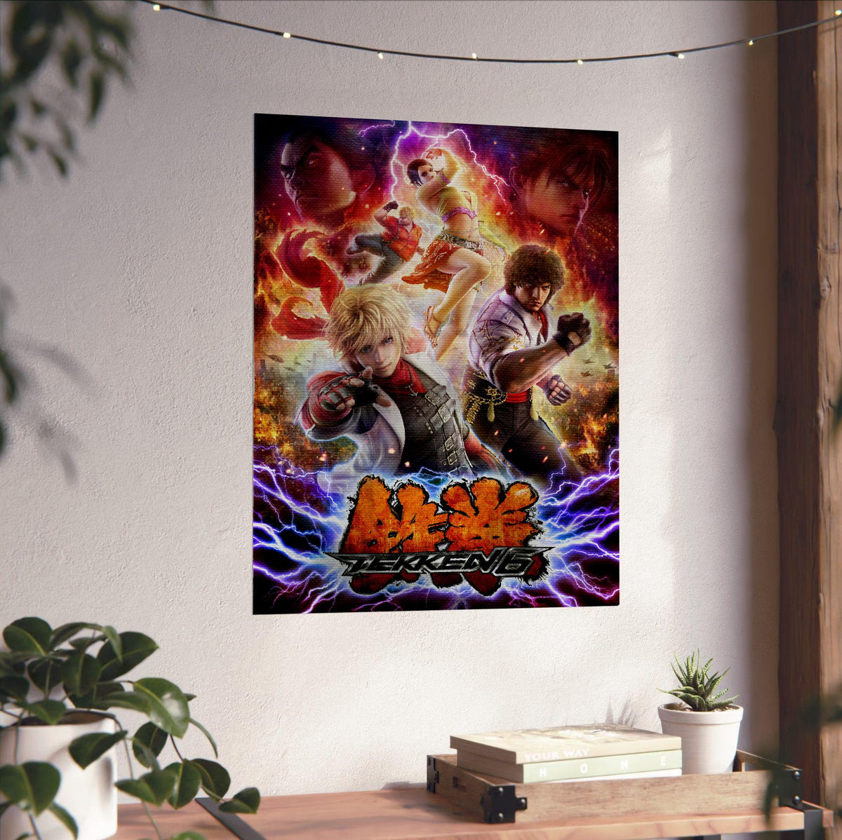Tekken 6 Promo Art Print 1 poster unframed on a white wall above a desk