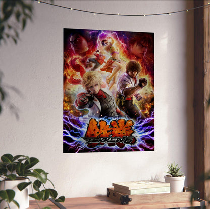 Tekken 6 Promo Art Print 1 poster unframed on a white wall above a desk