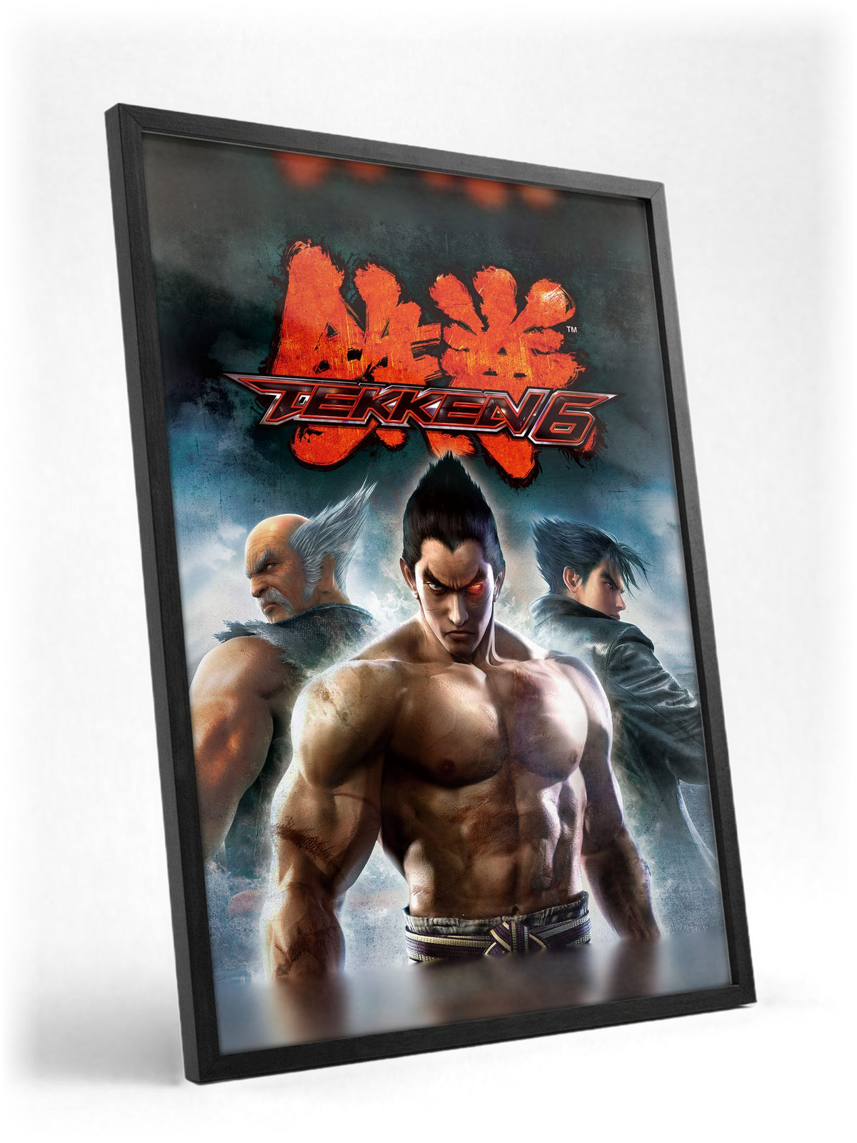 Tekken 6 Promo Art Print 2 poster in a black frame with glass leaning against a wall