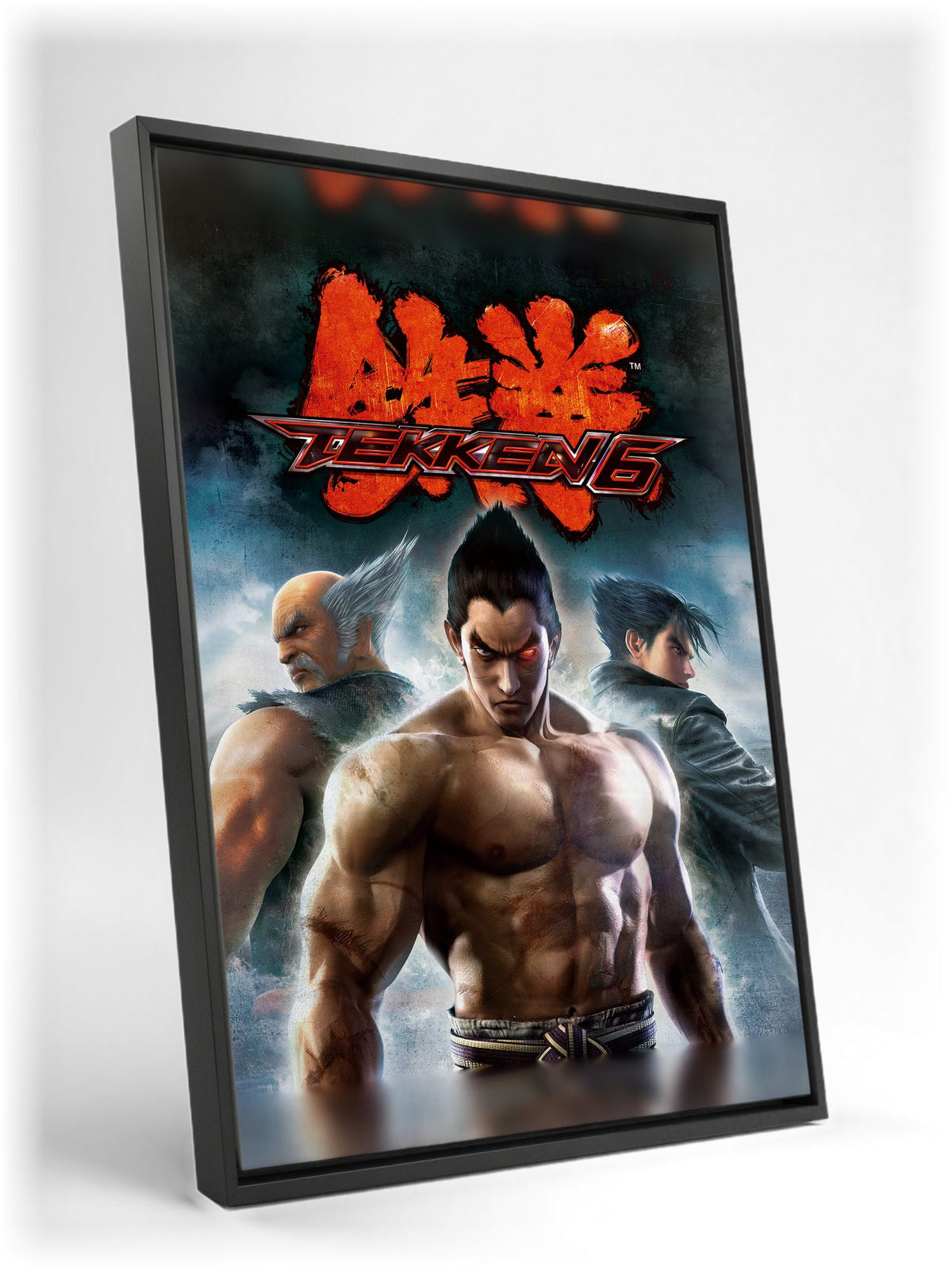 Tekken 6 Promo Art Print 2 as a black floater framed canvas leaning against a wall