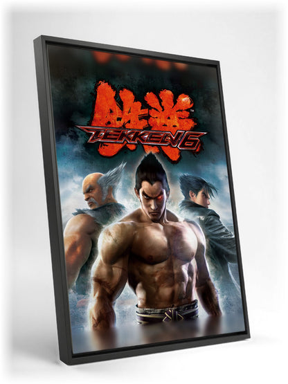 Tekken 6 Promo Art Print 2 as a black floater framed canvas leaning against a wall