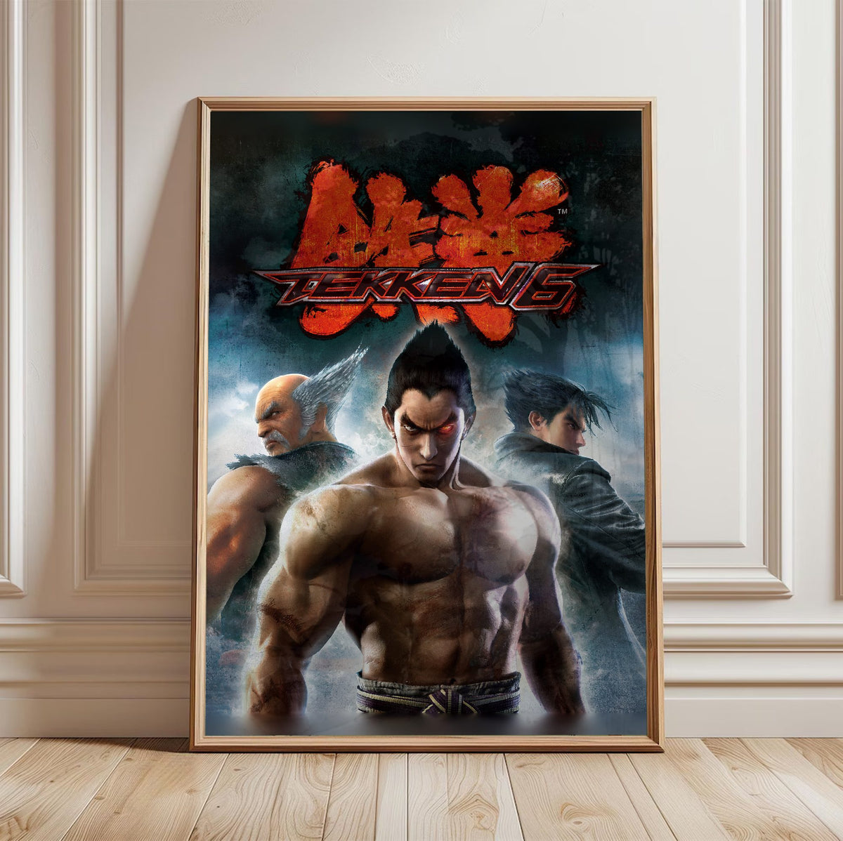 Tekken 6 Promo Art Print 2 poster in a light oak frame leaning against a white wall