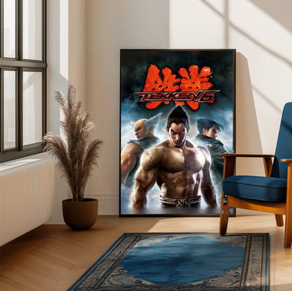 Tekken 6 Promo Art Print 2 poster framed beside a blue armchair in a sunlit room