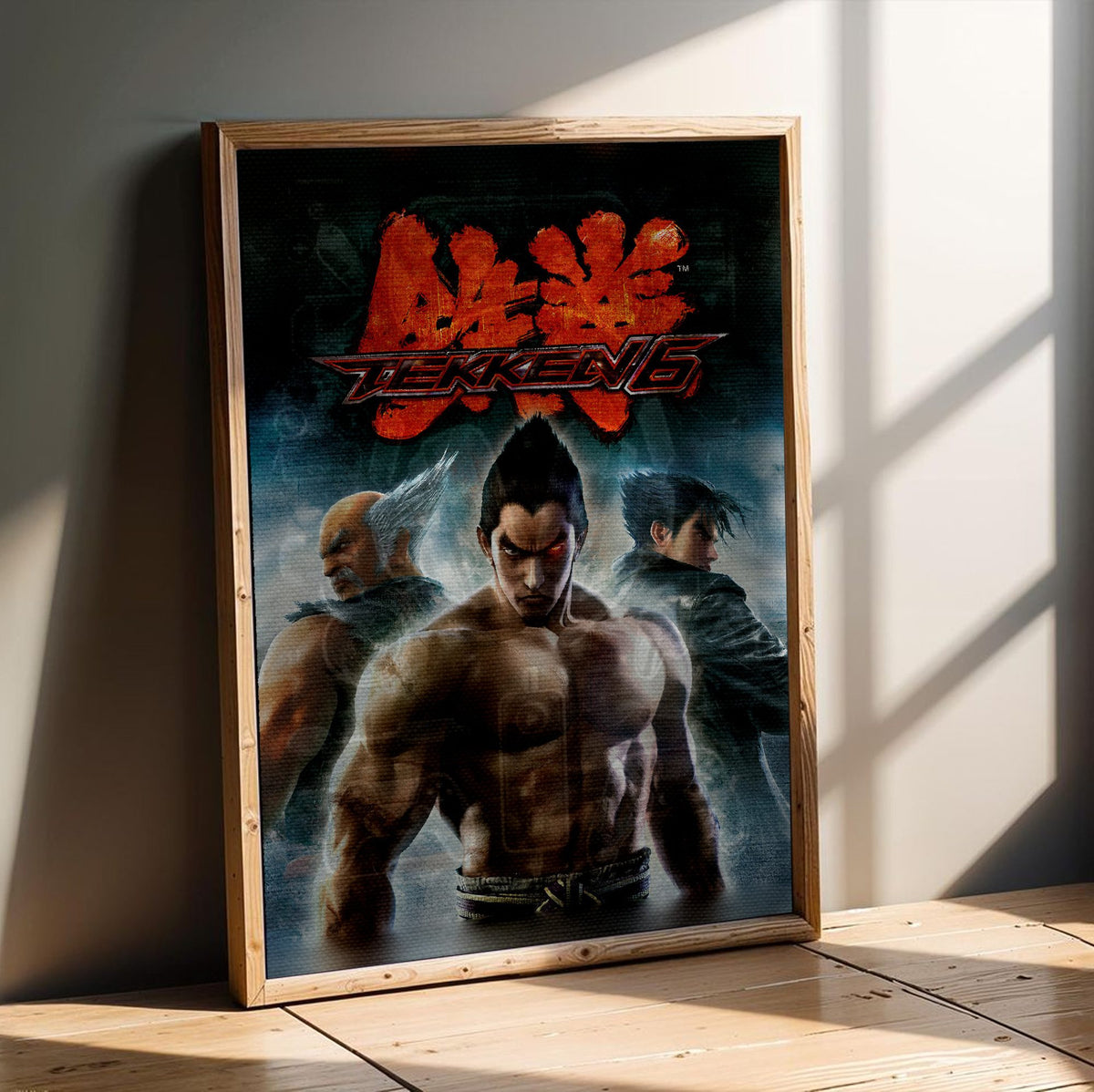 Tekken 6 Promo Art Print 2 poster in an oak frame leaning on a wooden floor