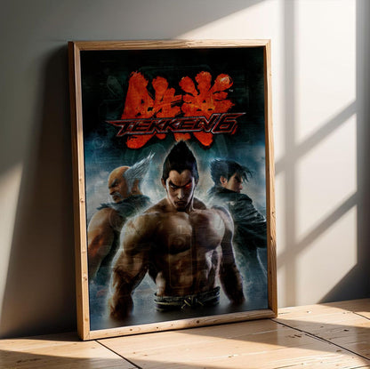 Tekken 6 Promo Art Print 2 poster in an oak frame leaning on a wooden floor