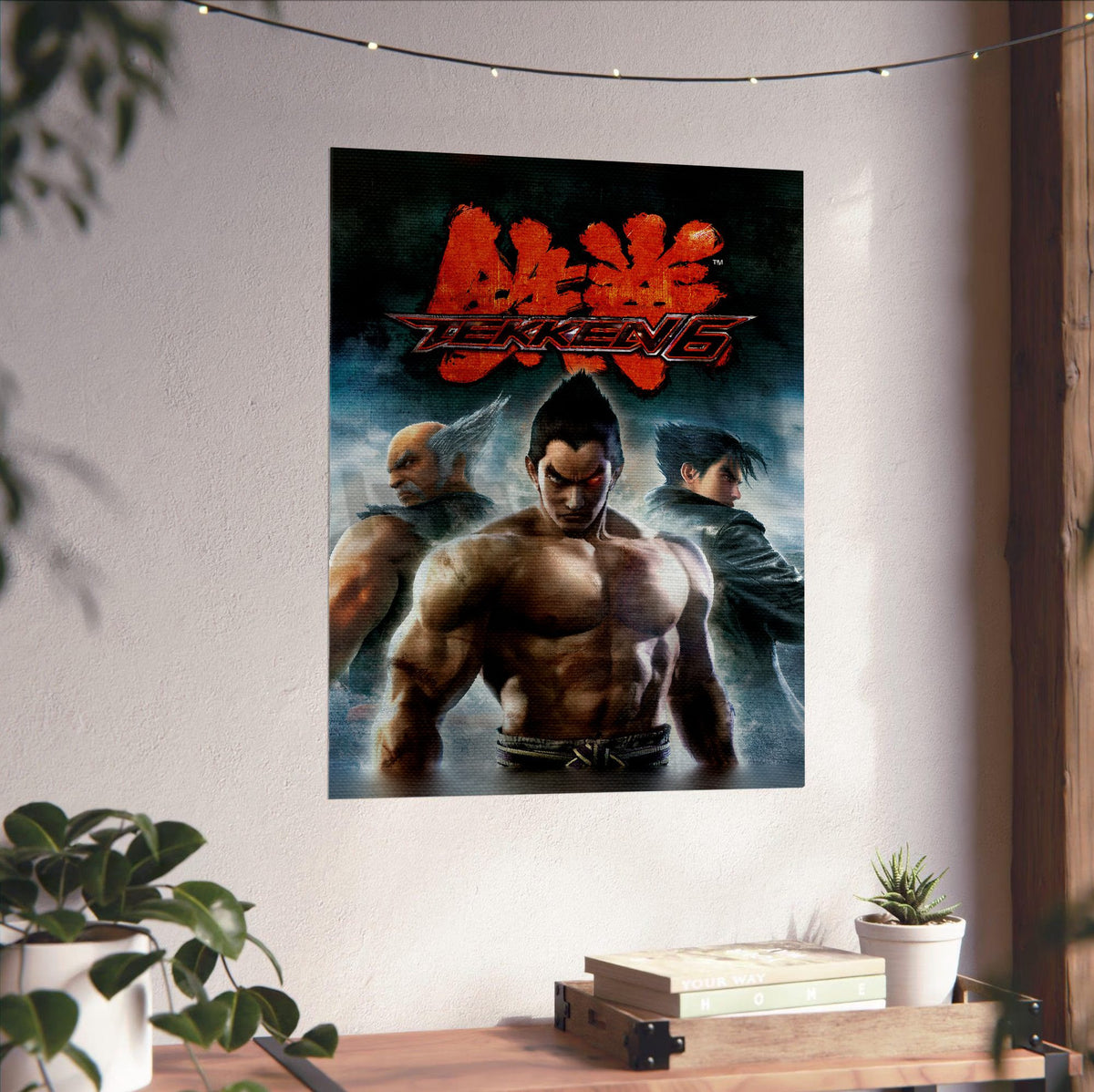 Tekken 6 Promo Art Print 2 poster unframed on a white wall above a desk