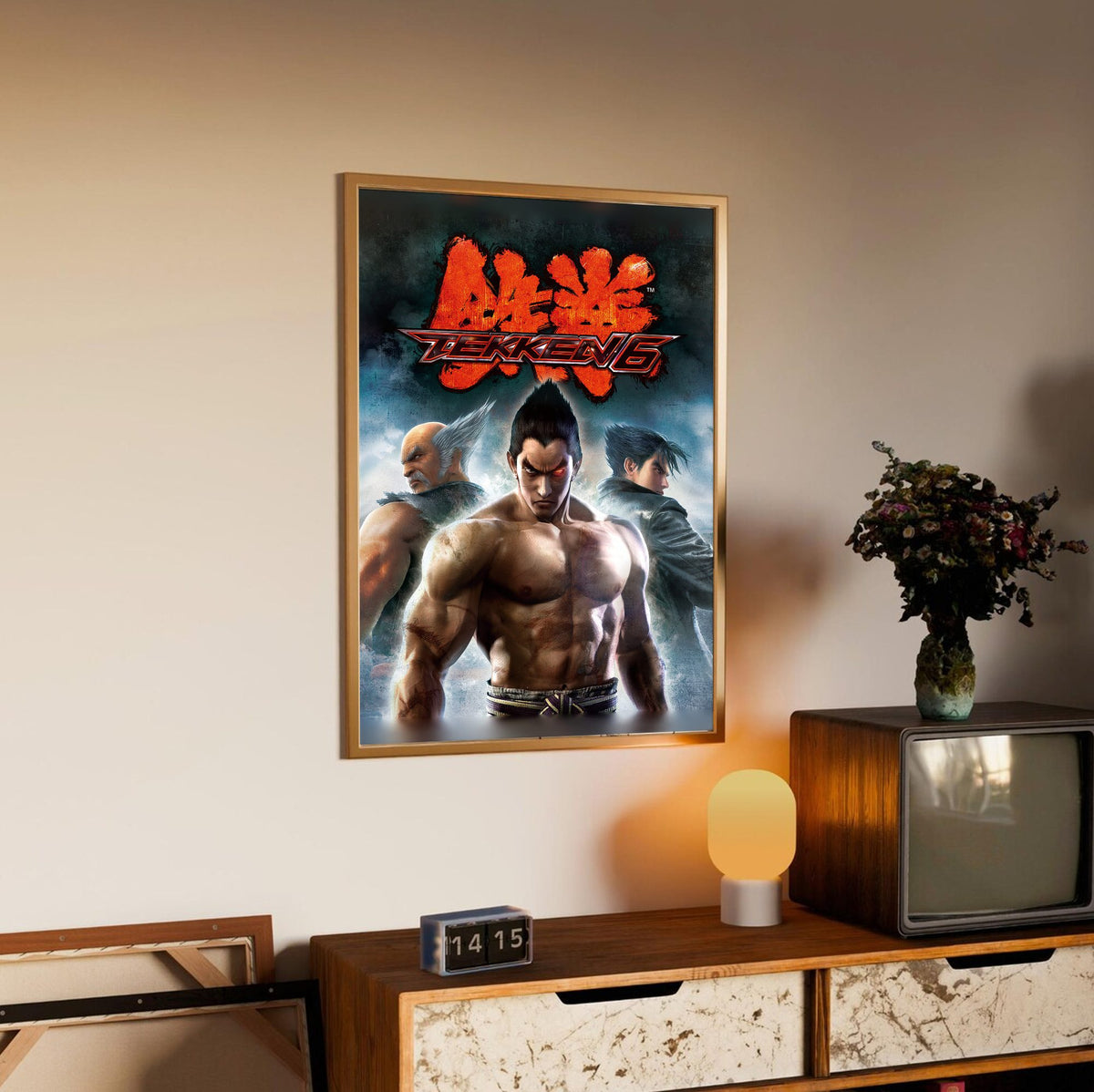 Tekken 6 Promo Art Print 2 poster in an oak frame above a sideboard