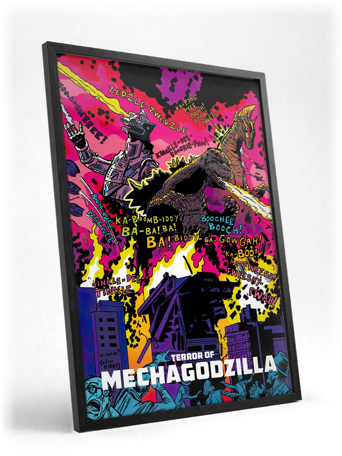 Terror of Mechagodzilla (1975) Movie Pop Art poster in a black frame with glass leaning against a wall