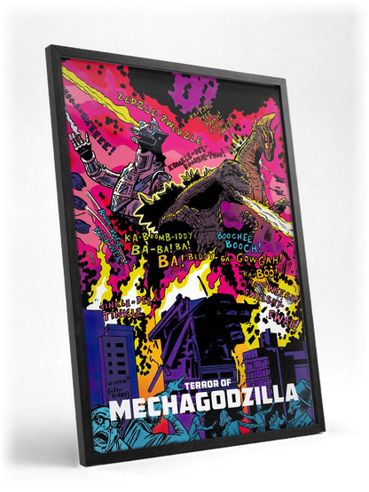 Terror of Mechagodzilla (1975) Movie Pop Art poster in a black frame with glass leaning against a wall