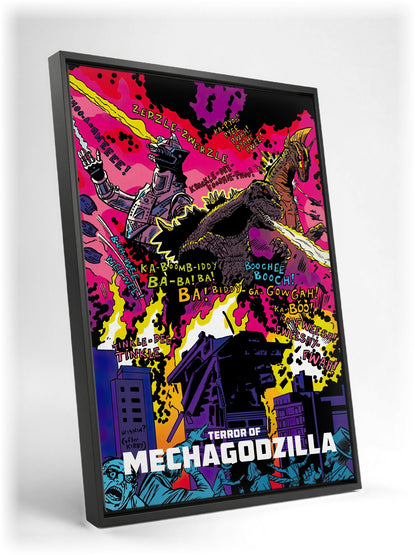 Terror of Mechagodzilla (1975) Movie Pop Art as a black floater framed canvas leaning against a wall
