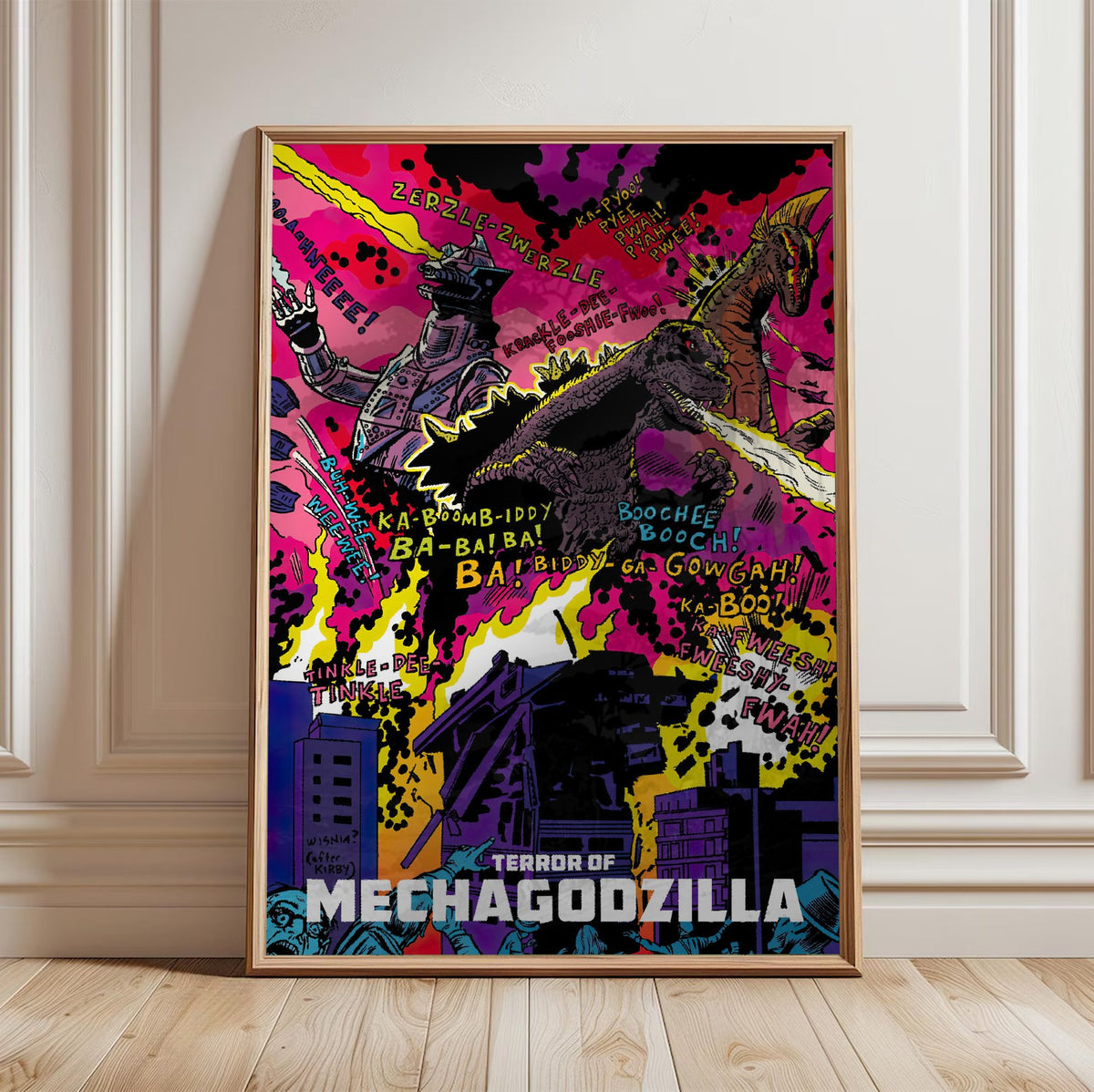 Terror of Mechagodzilla (1975) Movie Pop Art poster in a light oak frame leaning against a white wall