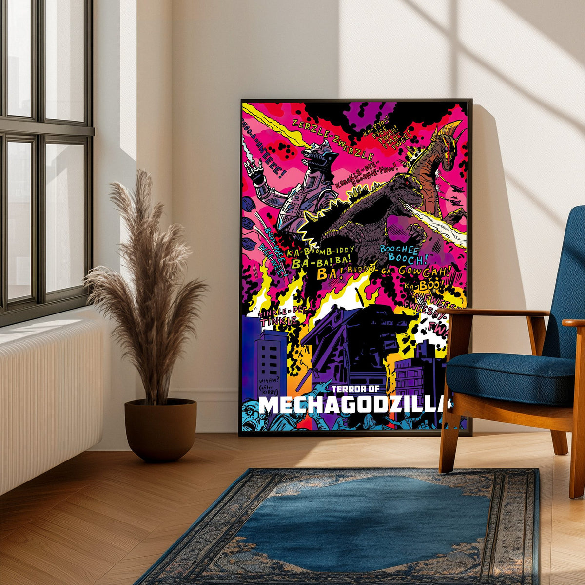 Terror of Mechagodzilla (1975) Movie Pop Art poster framed beside a blue armchair in a sunlit room