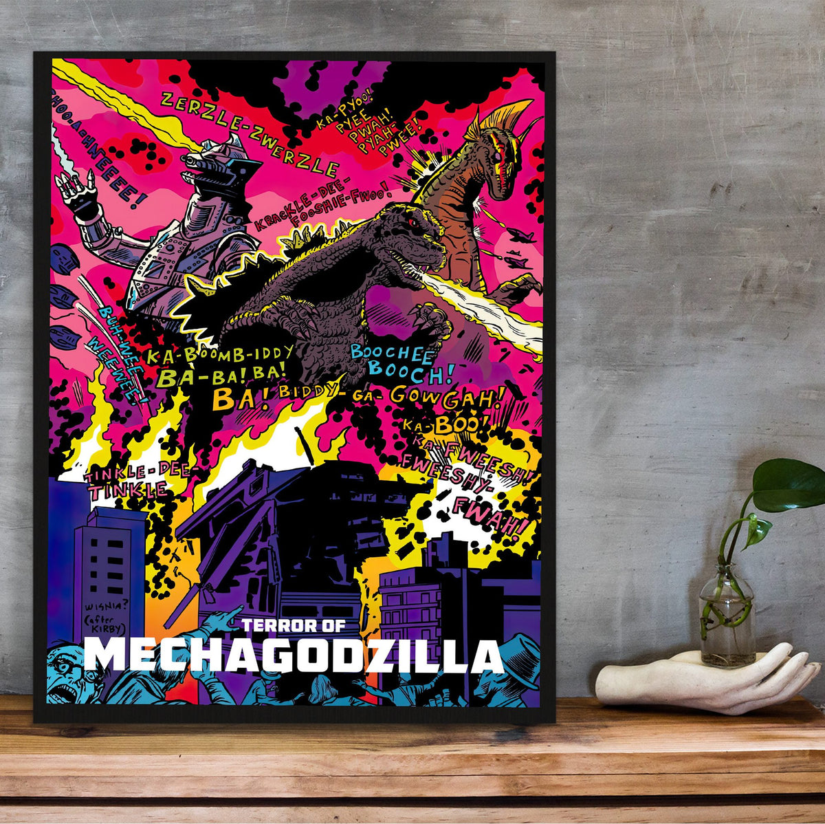 Terror of Mechagodzilla (1975) Movie Pop Art poster in a black frame on a wooden shelf against concrete