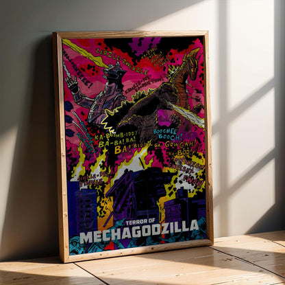 Terror of Mechagodzilla (1975) Movie Pop Art poster in an oak frame leaning on a wooden floor