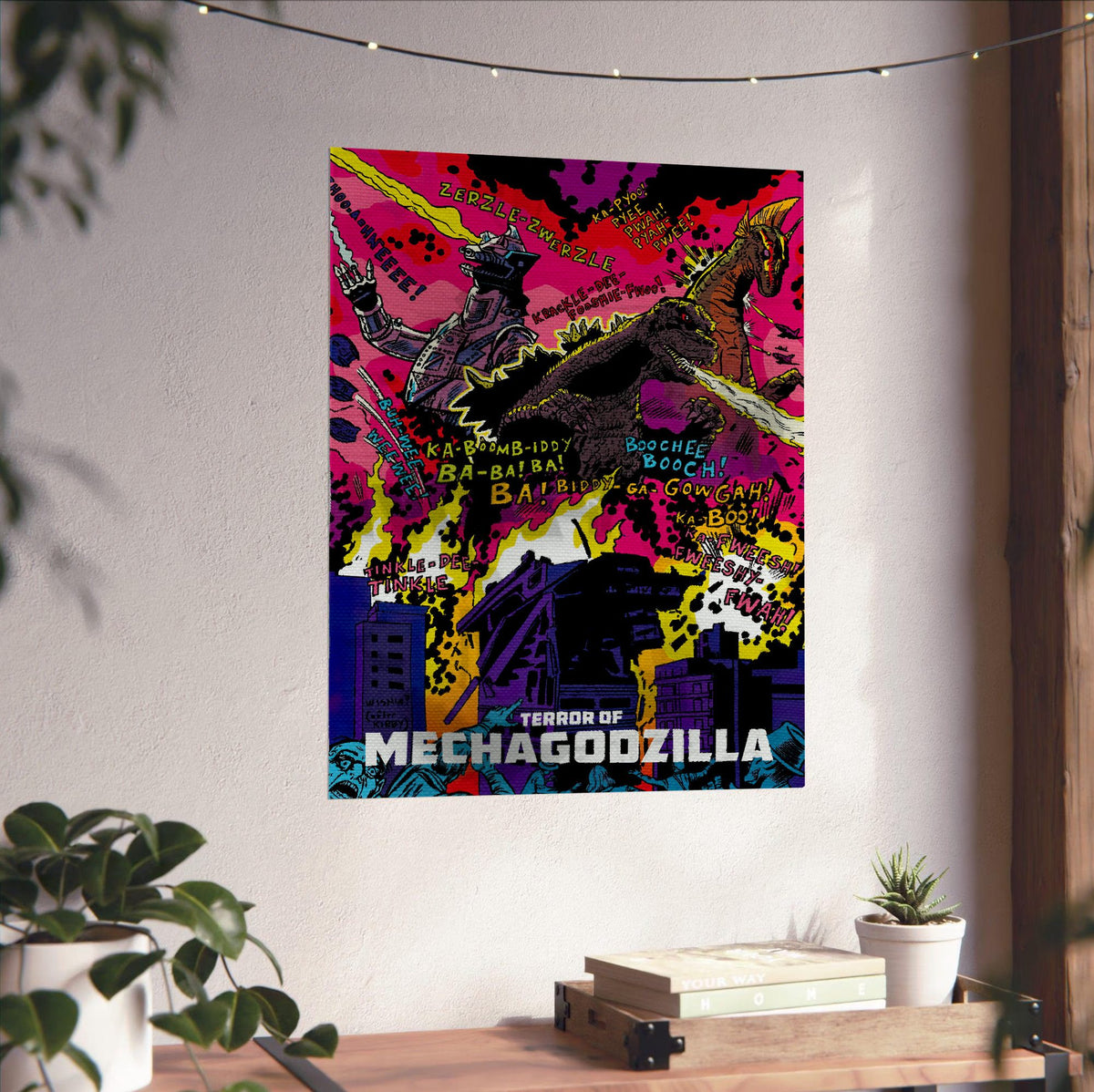 Terror of Mechagodzilla (1975) Movie Pop Art poster unframed on a white wall above a desk