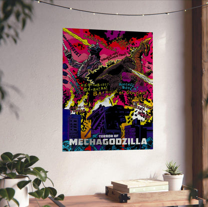 Terror of Mechagodzilla (1975) Movie Pop Art poster unframed on a white wall above a desk