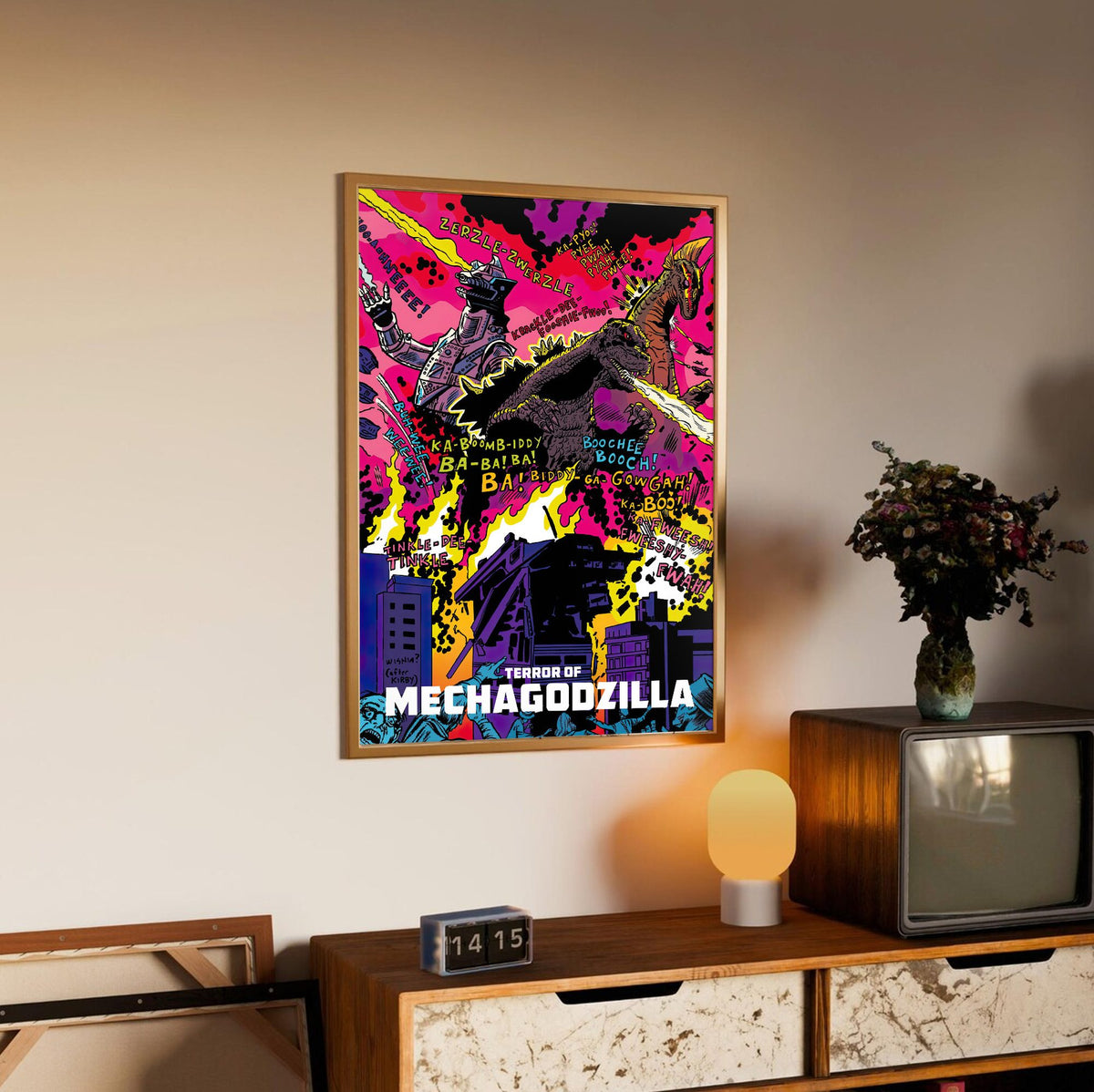 Terror of Mechagodzilla (1975) Movie Pop Art poster in an oak frame above a sideboard