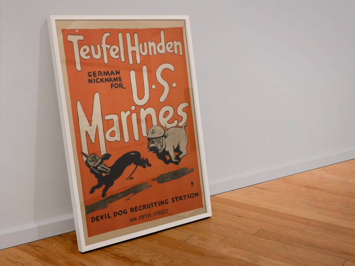 Teufel Hunden Devil Dog US Marines poster in a white frame leaning against a wall