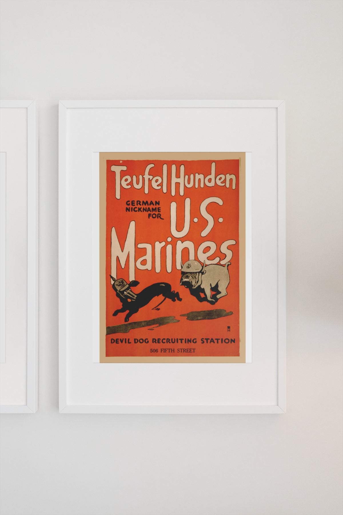 Teufel Hunden Devil Dog US Marines poster on a light wall