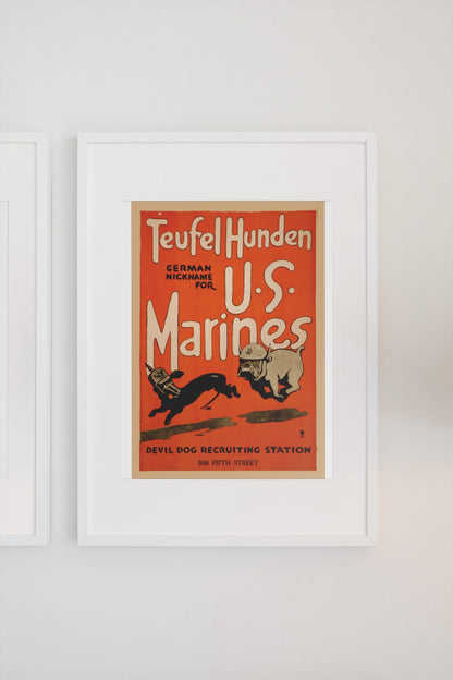Teufel Hunden Devil Dog US Marines poster on a light wall
