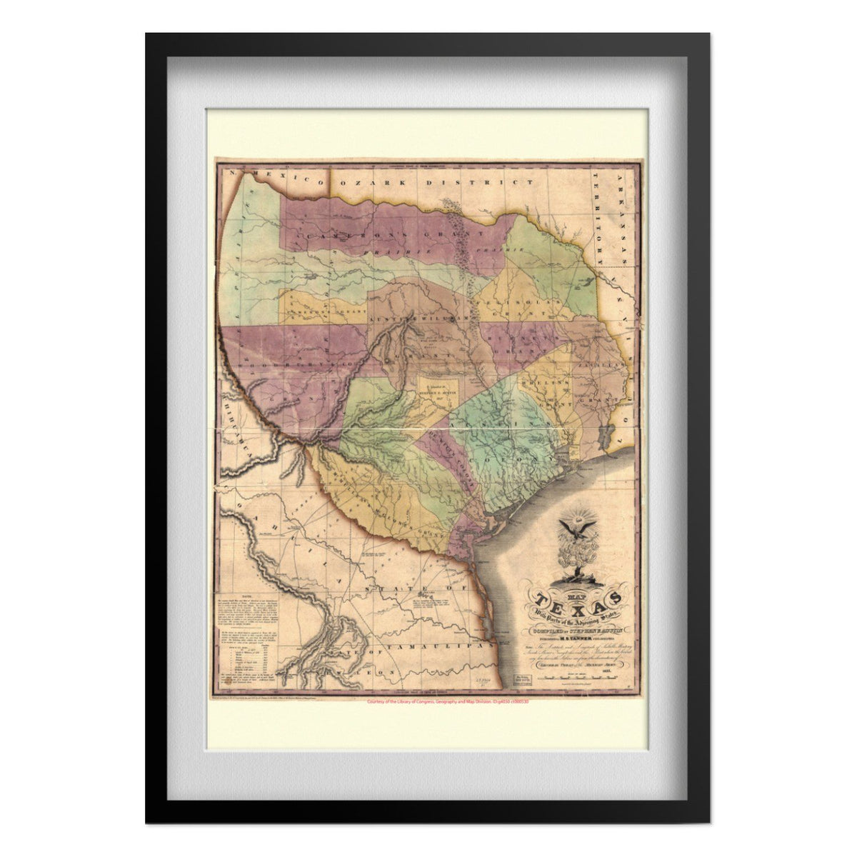 Texas 1830s Stephen F. Austin Map print in a black frame with a white mat