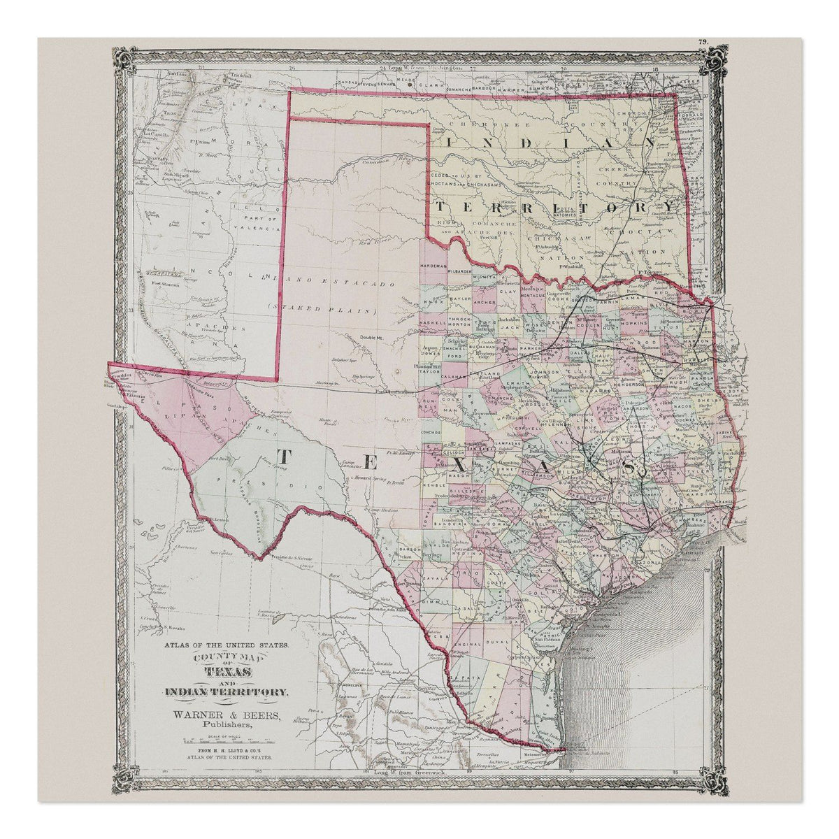 Texas Counties 1875 Map vintage print