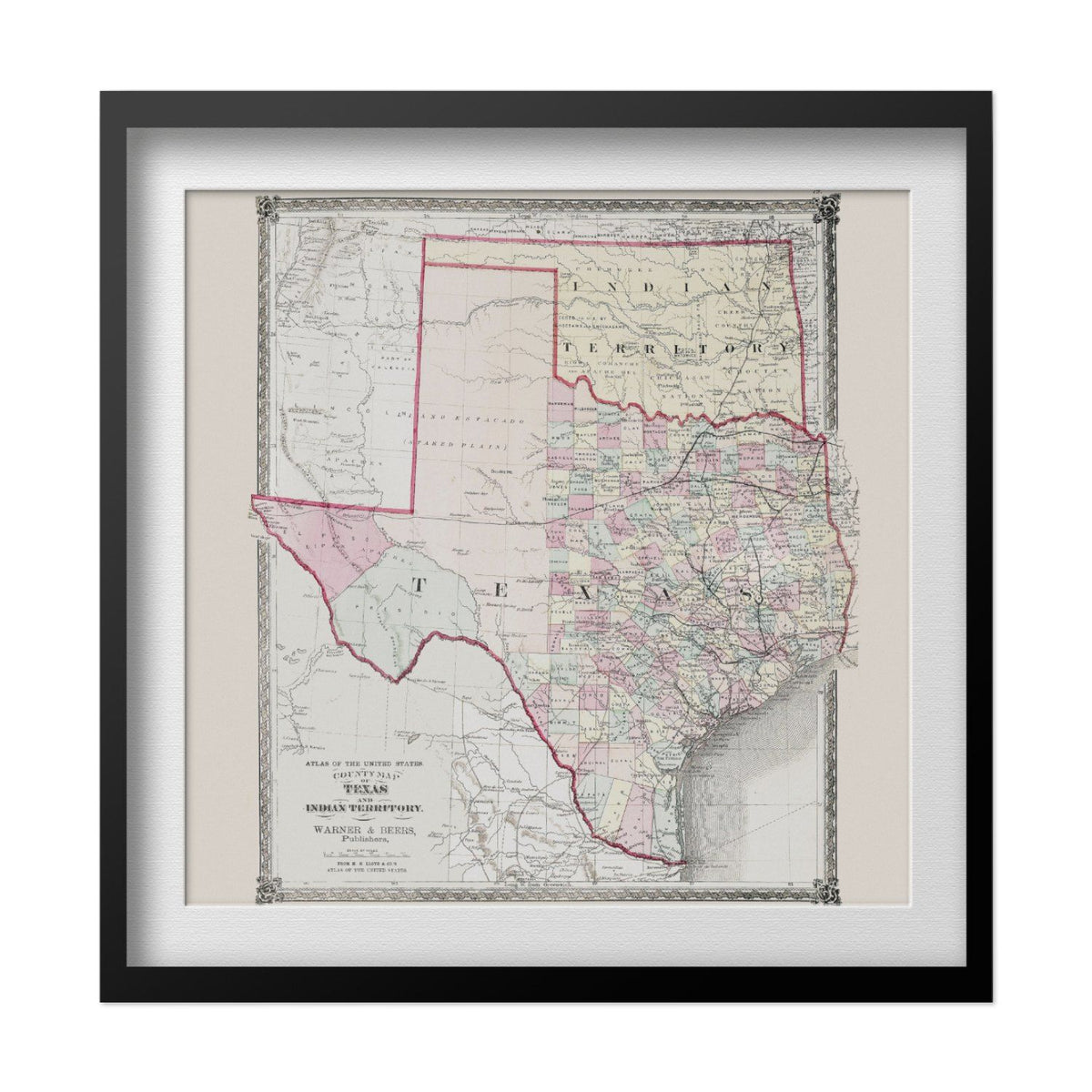 Texas Counties 1875 Map print in a black frame with a white mat