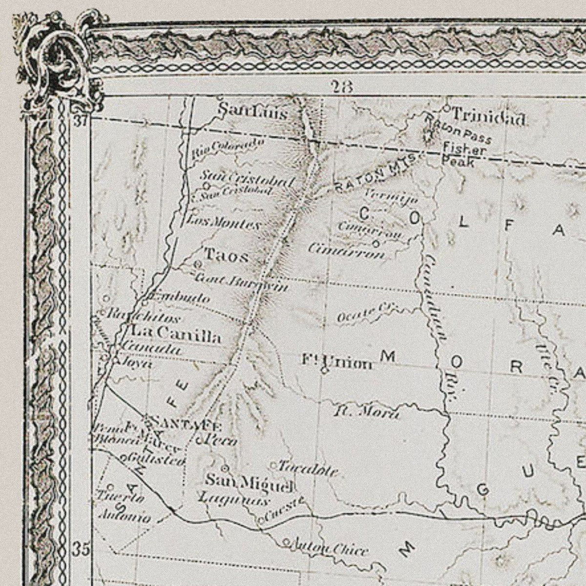 Close-up detail of the Texas Counties 1875 Map
