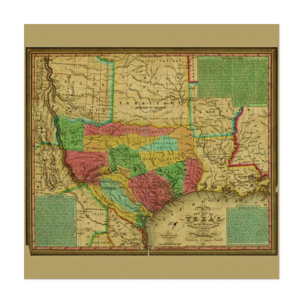 Texas, Indian Territory & Mexican States 1835 Map vintage print