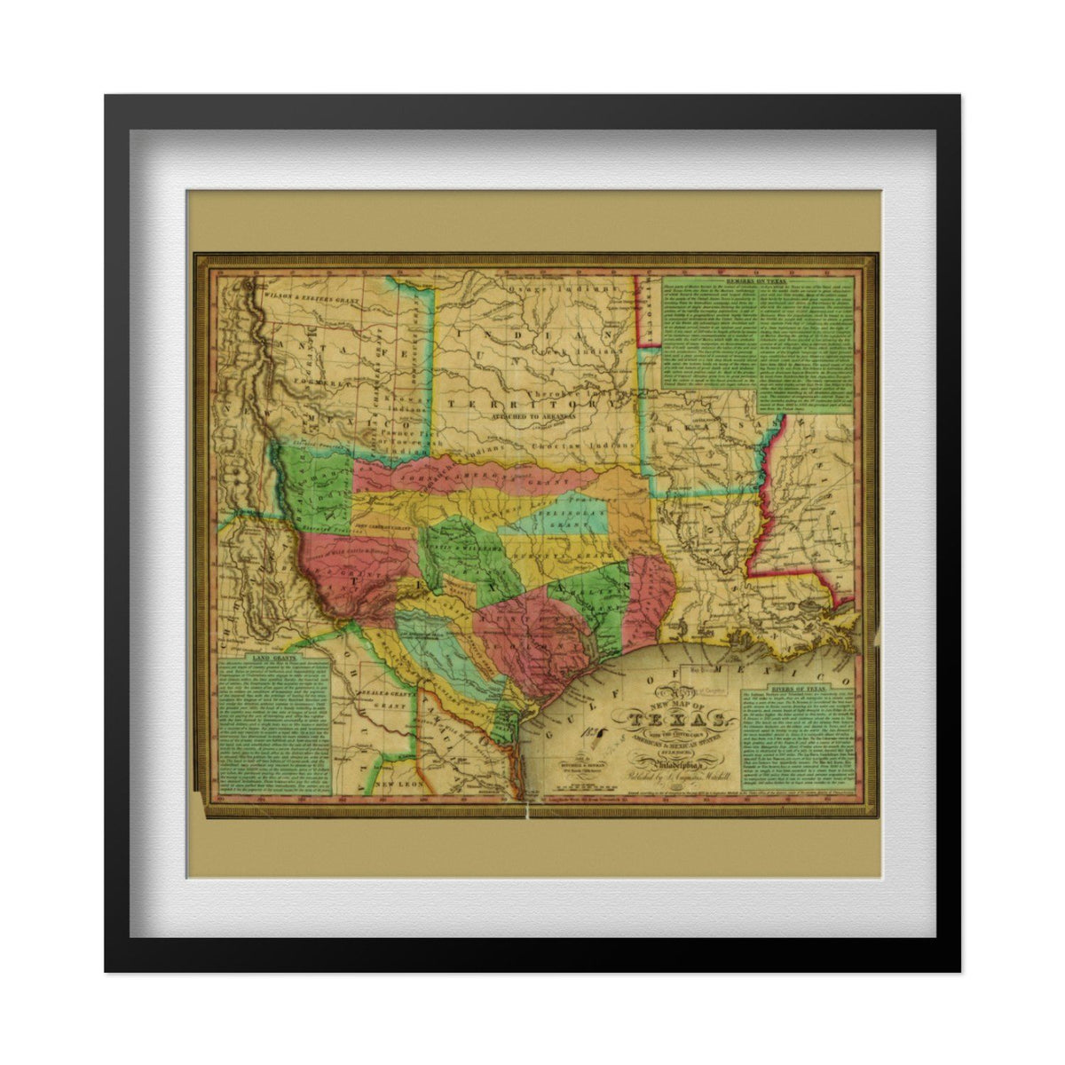 Texas, Indian Territory & Mexican States 1835 Map print in a black frame with a white mat