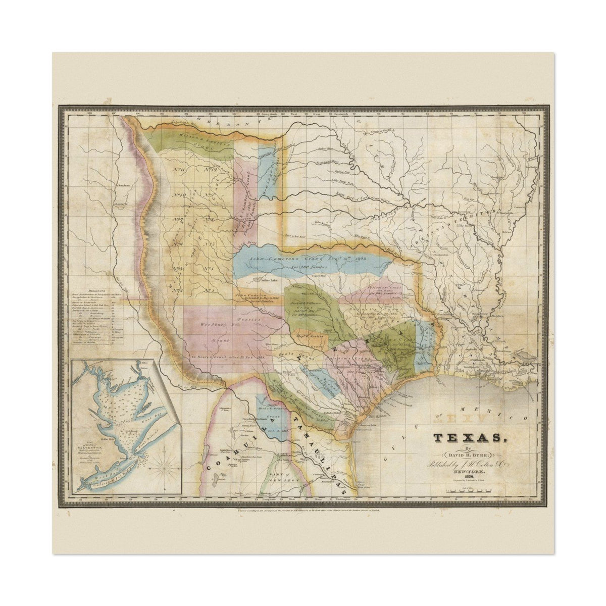 Texas Land Grants 1835 Map vintage print