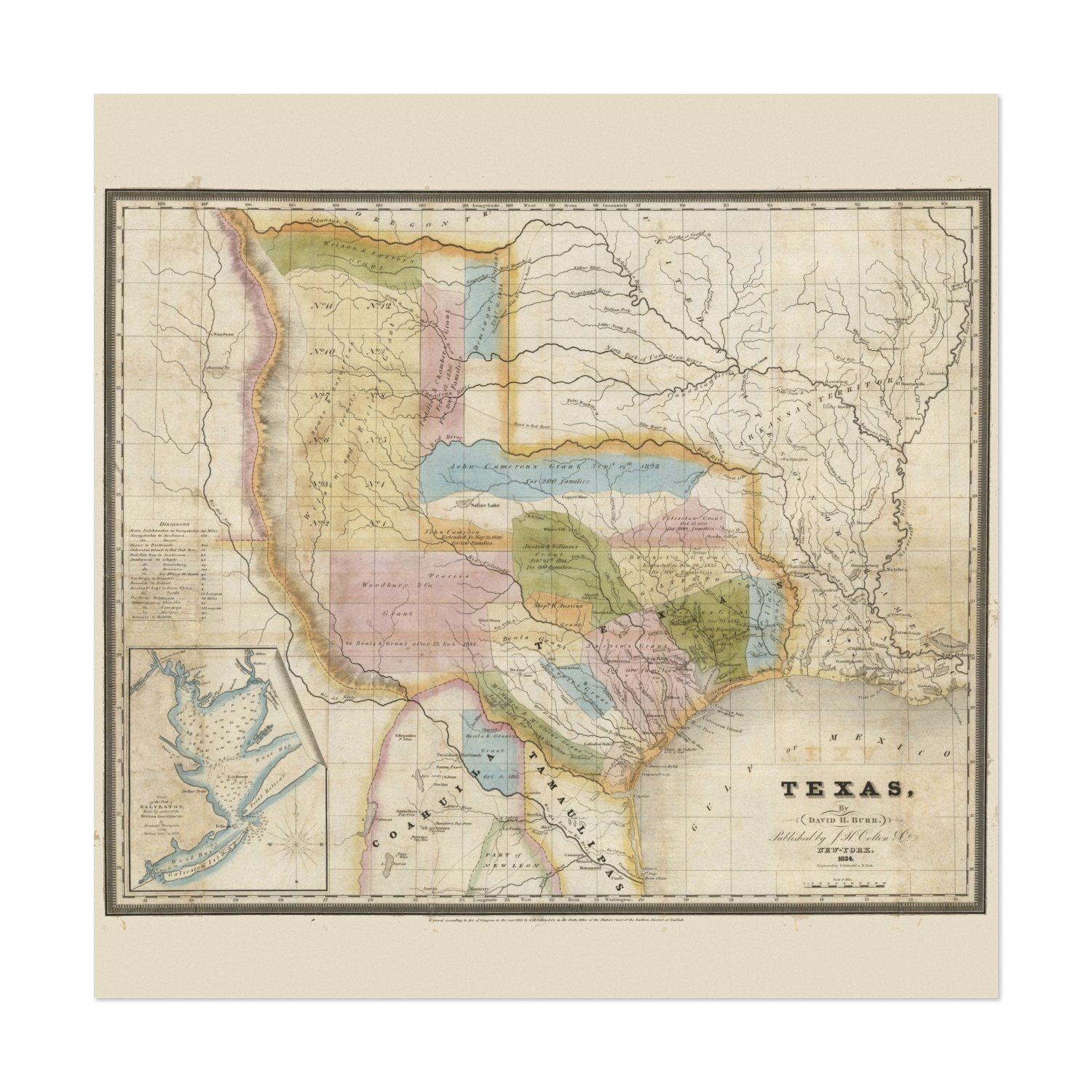 Texas Land Grants 1835 Map vintage print