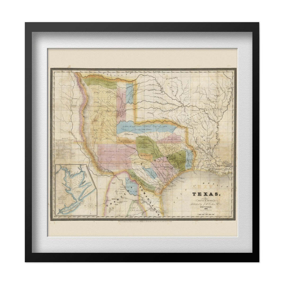Texas Land Grants 1835 Map print in a black frame with a white mat