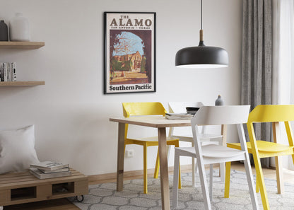 The Alamo Southern Pacific poster framed above a dining table