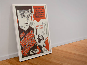 The Burning Question poster in a white frame leaning against a wall