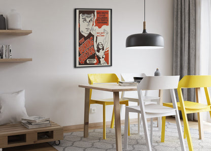 The Burning Question poster framed above a dining table