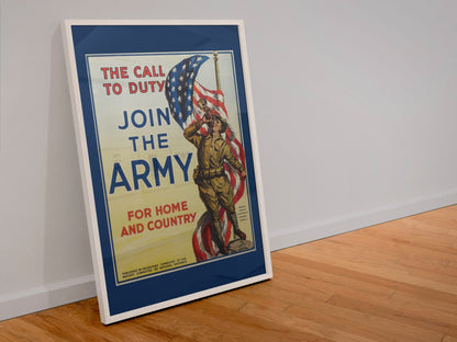 The Call to Duty Join the Army poster in a white frame leaning against a wall