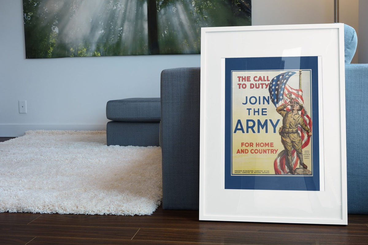 The Call to Duty Join the Army poster leaning beside a blue sofa