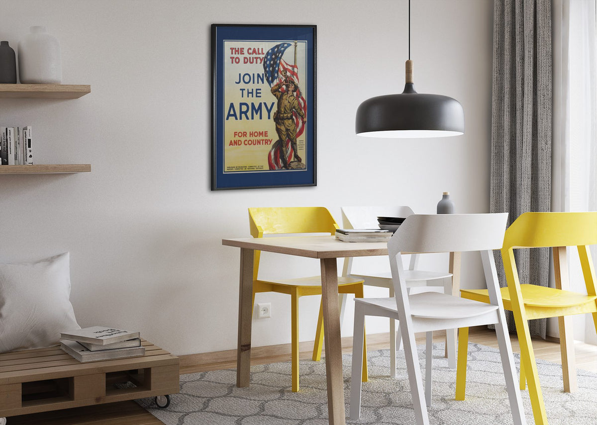 The Call to Duty Join the Army poster framed above a dining table