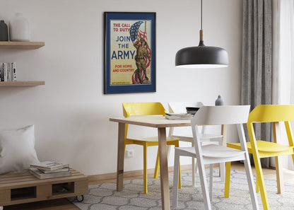 The Call to Duty Join the Army poster framed above a dining table