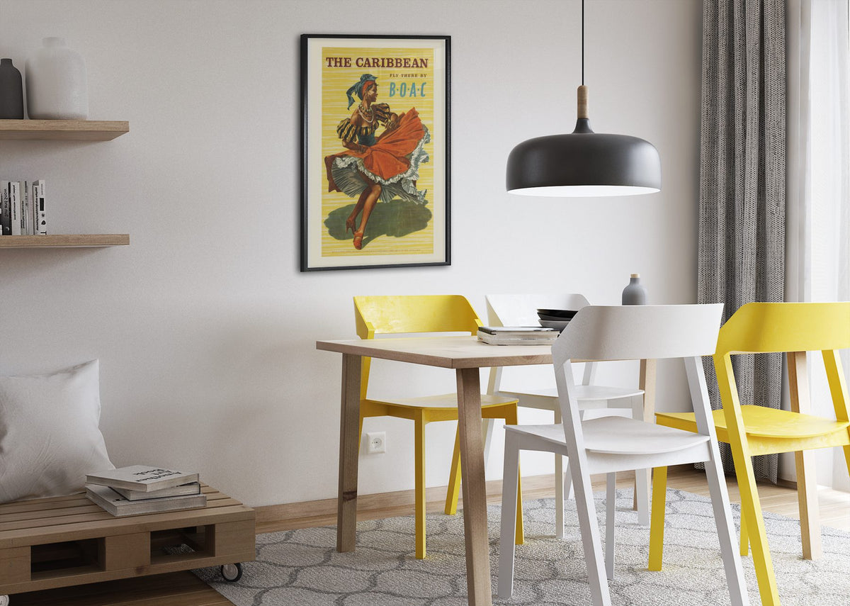 The Caribbean BOAC poster framed above a dining table