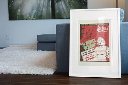The Devils Weed poster leaning beside a blue sofa