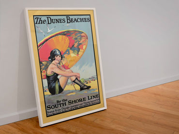 Dunes Beaches South Shore Line poster in a white frame leaning against a wall