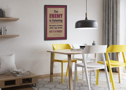 The Enemy Is Listening poster framed above a dining table