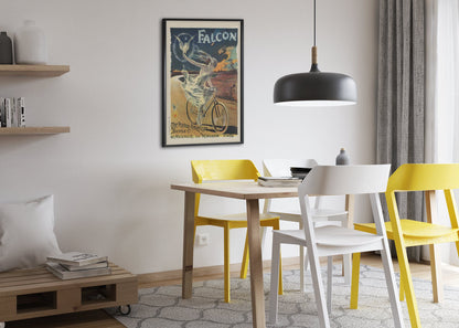 The Falcon Bicycle poster framed above a dining table