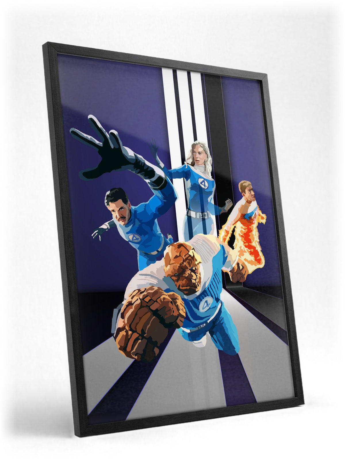 The Fantastic Four: First Steps (2025) Movie Retro Art poster in a black frame with glass leaning against a wall